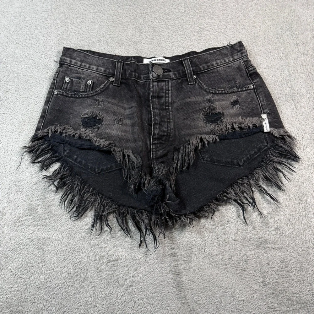 One Teaspoon Rollers Denim Shorts Women 26 Black Distressed Frayed‎ Raw Hem